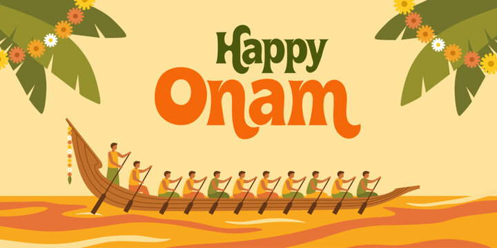 Happy Onam greeting card with illustration of men rowing long boat in snake boat race. Traditional Kerala festival celebration, cultural heritage event, colorful vector design.
