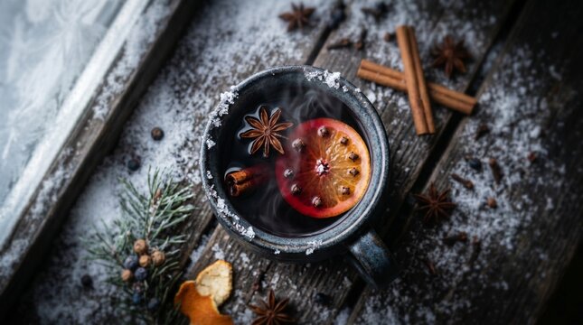 Warm spiced mulled wine with orange and cinnamon in rustic setting for Christmas