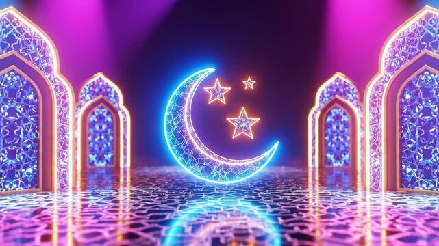 Neon glowing crescent moon and stars with islamic arch windows. Happy Ramadan celebration. Festive Muslim holiday background.