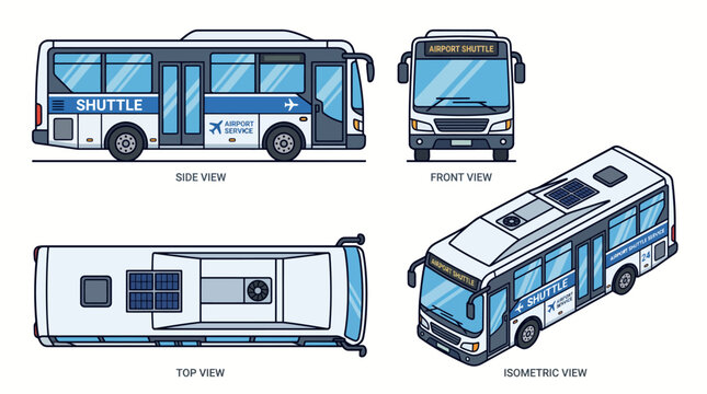 Blue and white shuttle bus vehicle.