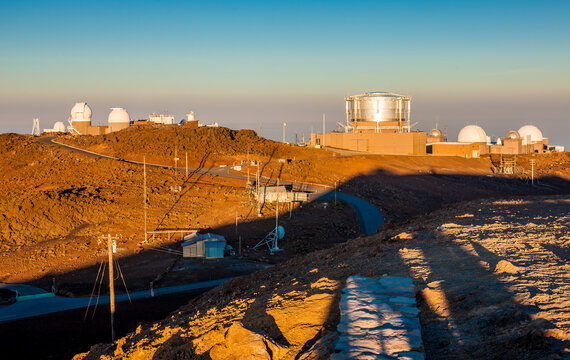 The Haleakala Observatory on Maui Hawaii at dusk 