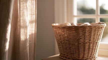 Fototapeta premium Woven basket on a wooden table in front of a window. the basket is made of light-colored wood and has a handle on top.