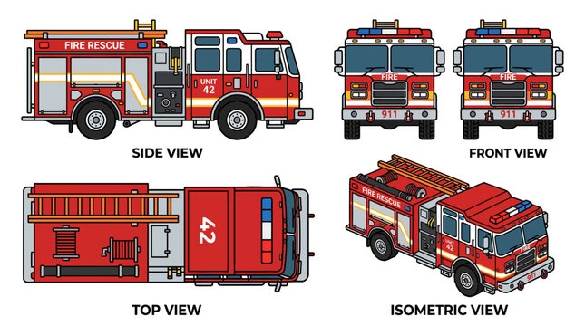 Fire engine truck orthographic projection and isometric view illustration.