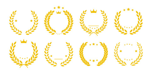 Golden laurel wreath collection with crown and stars for award, luxury branding, certificate, achievement badge and premium design © Angela Ksen