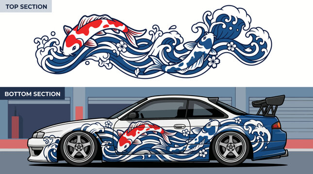 Japanese Koi Fish and Wave Car Wrap Vinyl Graphic Design.