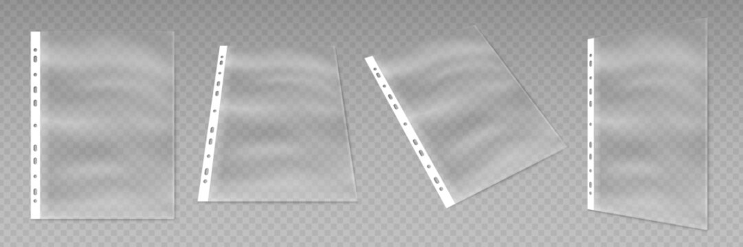 Realistic transparent document folder in different angles for paper, office stationery, presentation and document storage