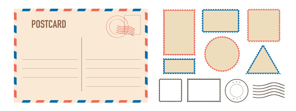 Realistic vintage postcard template with postage stamp and postmark decorative elements for travel, retro stationery and postal design