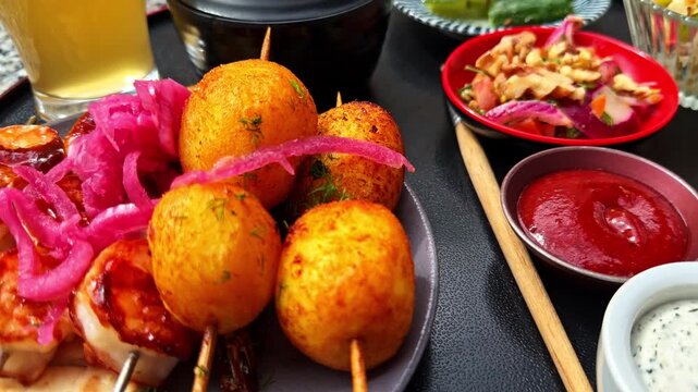 Colorful skewers, pickles, and assorted sauces arranged on a restaurant table