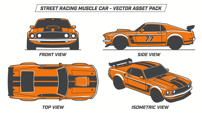 Orange muscle car street racing vector asset pack with front side top and isometric views.