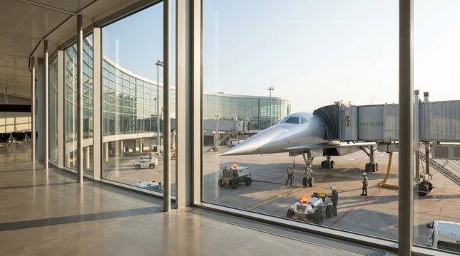 Sleek futuristic supersonic passenger jet docked at a modern airport terminal with ground crew