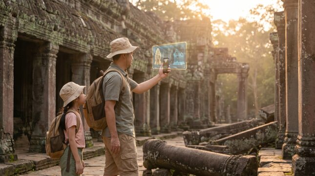 Father and daughter exploring ancient temple ruins using an augmented reality smartphone app