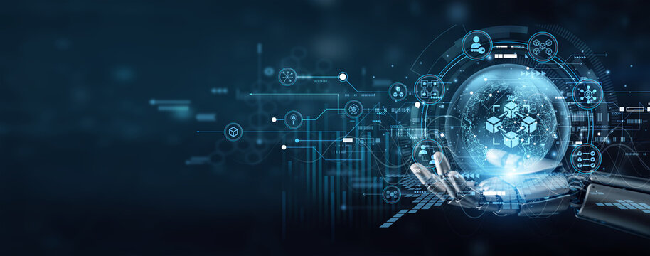 Robot hand securely hold BLOCKCHAIN nodes to protect global digital ledgers. Decentralized encryption technology ensures transparent peer-to-peer transactions and data integrity.