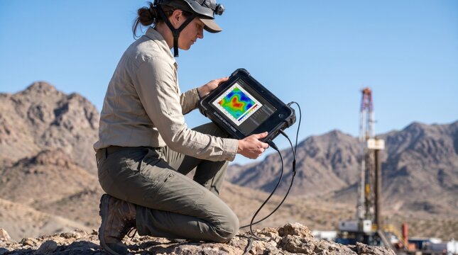 Female geologist in the field using a rugged tablet for quantum gravity probe imaging