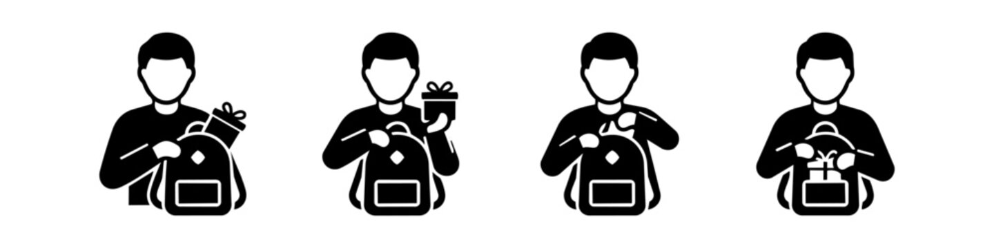 Vector icon set illustrating the step-by-step process of a person packing a gift box into a backpack. Minimalist black silhouette style perfect for instructions, travel, and celebration themes.
