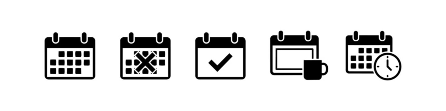 Set of black calendar icons for scheduling, planning, and time management, featuring deadline, task completion, break, and appointment symbols on a white background.
