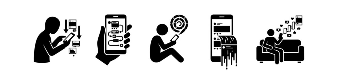 Set of black icons illustrating social media addiction, doomscrolling, and information overload. Concepts include digital distraction, infinite scroll, and algorithm influence on mental health.