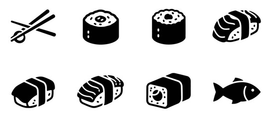 Minimalist sushi icon set. Japanese food and cuisine elements in simple black silhouette style. Vector Illustration Collection. © sumanto