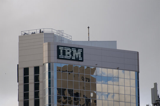 IBM company sign on building facade in Brisbane