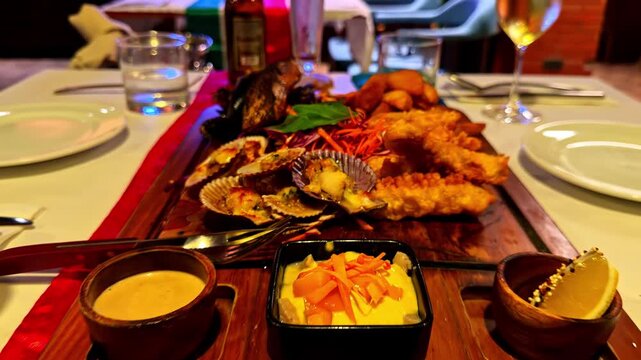 Grilled seafood platter served on table in restaurant setting in Mactan Cebu Philippines