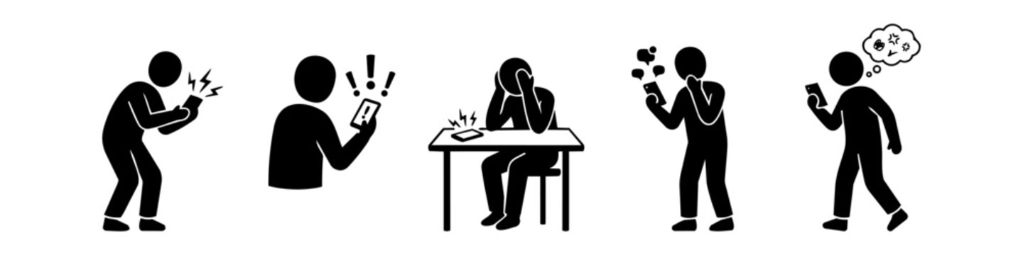 A set of stick figure icons depicting smartphone stress, mobile addiction, and digital distraction. Illustrations show people overwhelmed by notifications, social media, and phone anxiety.