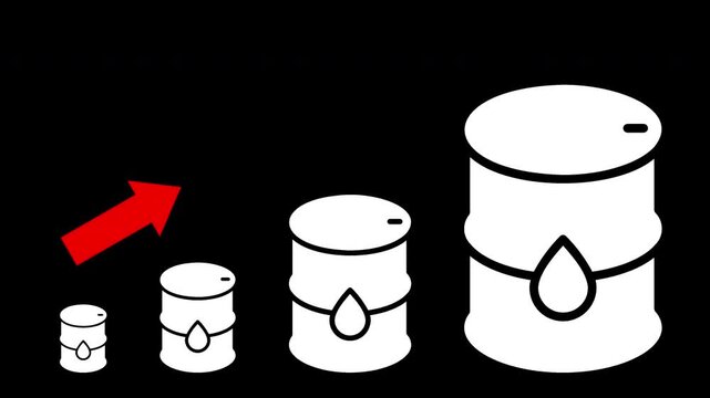 4K Animated Rising Oil Prices Barrels with Upward Red Arrow Infographic Loop Transparent Background Alpha Channel Motion Graphics Overlay