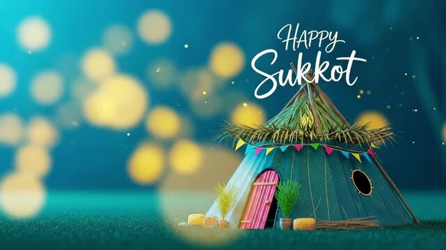 Festive sukkah hut with palm fronds decorations and colorful flags for Sukkot holiday. Jewish festival booth on green grass with glowing lights and happy greeting text