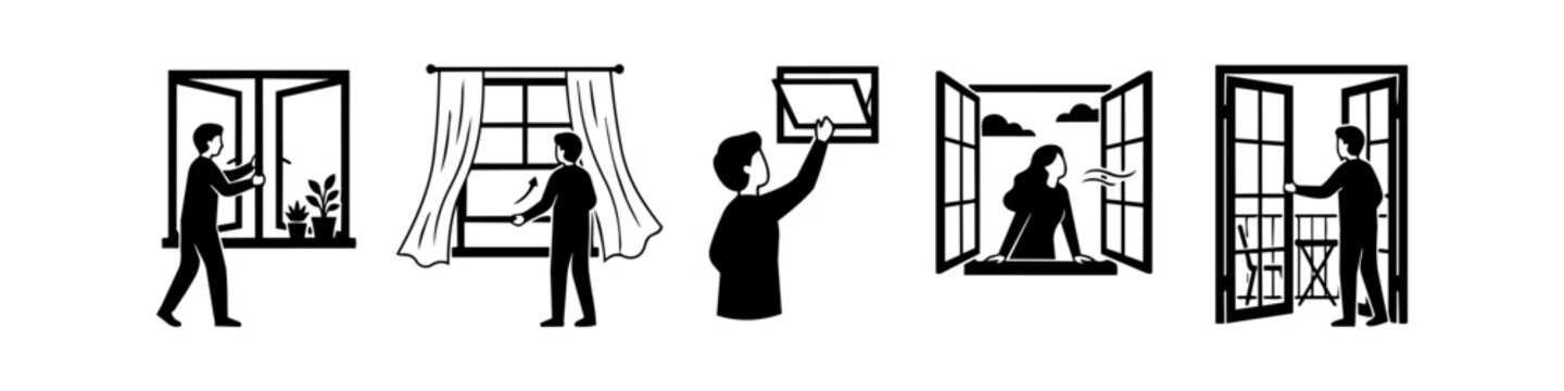 Black and white icons of people opening windows and doors for ventilation. Set includes various styles like casement, sliding, and balcony doors to illustrate fresh air and home routines.