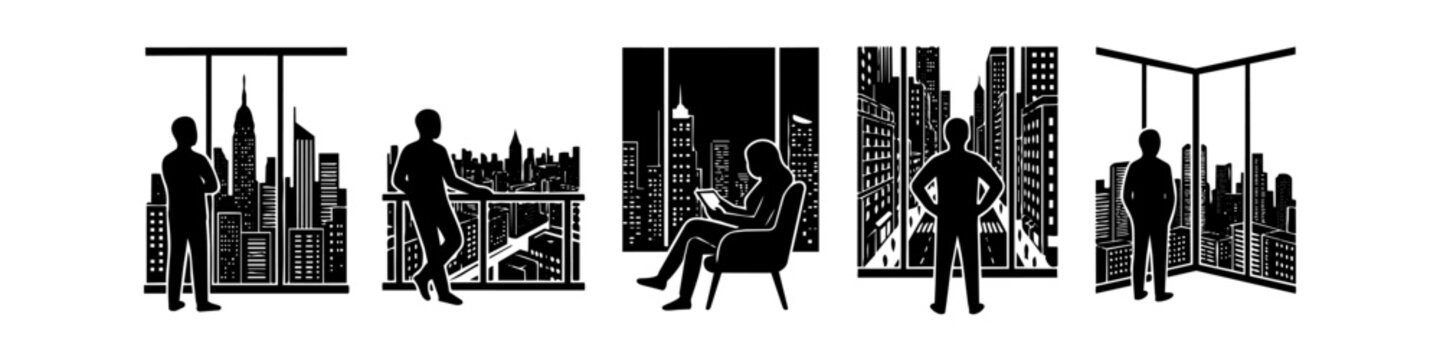Set of five silhouette illustrations depicting people looking at urban cityscapes from high-rise windows and balconies. Minimalist black and white art of modern living and business success.