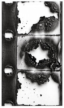 Extreme burned 16mm film strip printed on paper with dramatic analog destruction effects and vintage cinema texture.