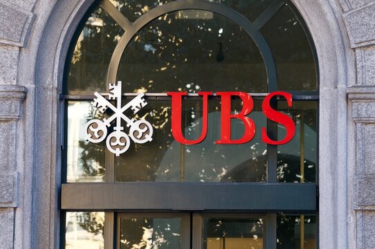 UBS sign hanging in front of Bank Bulding in Locarno