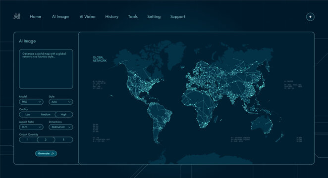 AI Image Generator interface with futuristic digital world map and global network connections, advanced user dashboard for neural network content creation and high-tech data visualization