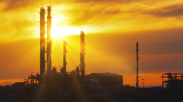 Cinematic aerial view of a petrochemical plant at sunset. Industrial towers, pipelines, and refinery structures stand against a glowing orange sky as warm sunlight reflects across the facility