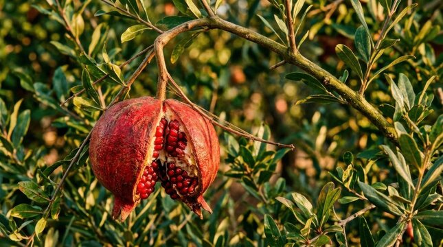 Close-up of a ripe pomegranate fruit hanging on a tree branch with green leaves in the background.