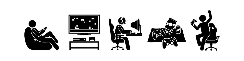 Video gaming icon set featuring people playing on consoles and PCs, gaming setups, snacks, and a victory celebration. Minimalist black silhouettes for e-sports and entertainment themes. © Nort Kor