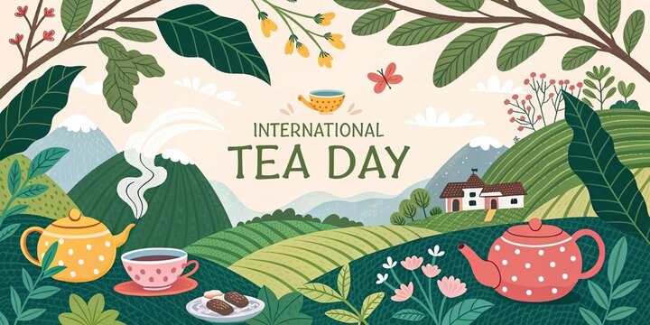 International Tea Day banner with world map teapot cups and loose tea leaves