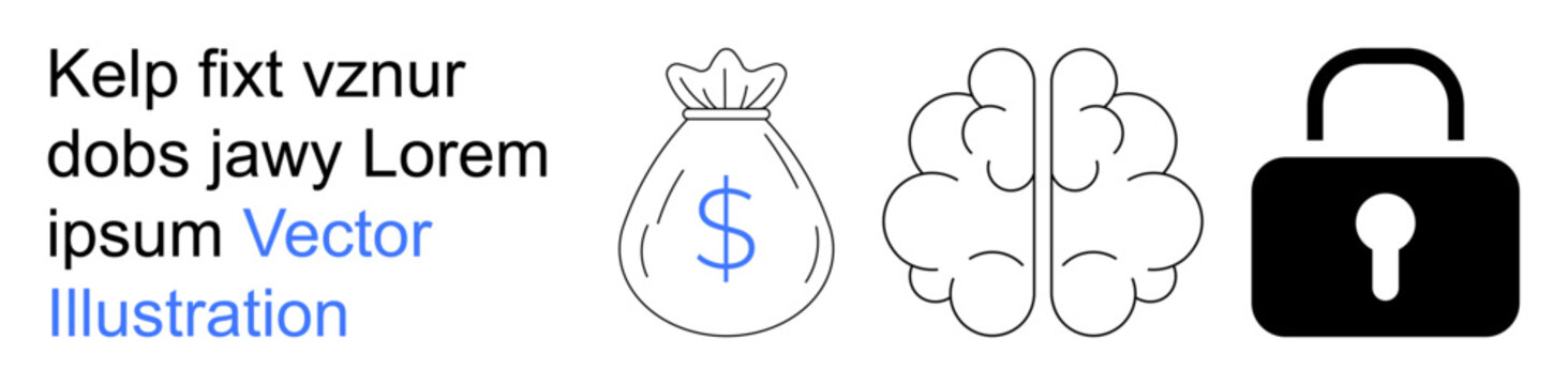 Business security, financial safety, brain function, cybersecurity, privacy, digital locks. Money bag, human brain and lock graphic. Financial safety and cybersecurity concepts
