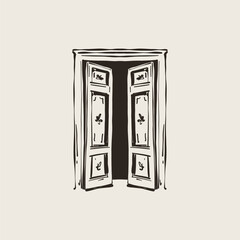 Fototapeta premium Open Double Doors Decorative Panels Vintage Hand Drawn Illustration