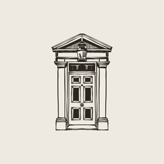 Neoclassical Door Wide Pilasters Cornice Hand Drawn Ink Architecture © KozyPlace