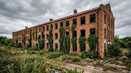 Fototapeta premium Dilapidated Brick Building - Overgrown with Vines, Abandoned Structure, Cloudy Sky, Decay, Neglect.