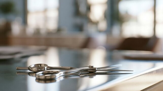 Pair of surgical forceps resting on a kitchen countertop. the forceps are made of stainless steel and have a curved handle and a pointed tip.