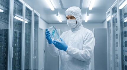 Fototapeta premium Worker in a cleanroom suit holding a glowing transparent data storage crystal in a server room