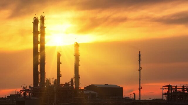 Cinematic aerial view of a petrochemical plant at sunset. Industrial towers, pipelines, and refinery structures stand against a glowing orange sky as warm sunlight reflects across the facility