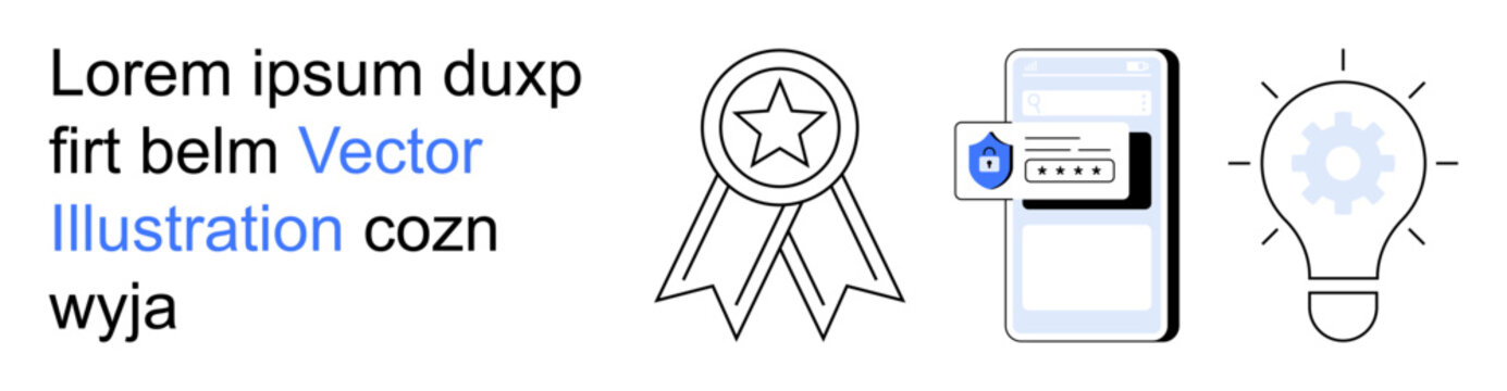 Digital security, innovation, certification, technological progress, online tools, mobile services. Medal, smartphone with security badge lightbulb with gear icon. Digital security and innovation
