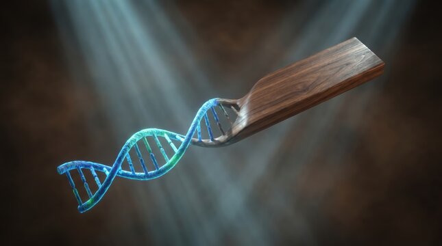 Wooden handle morphing into a glowing blue dna double helix structure