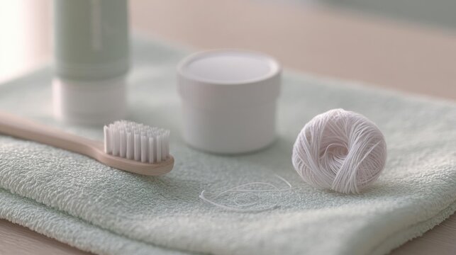 Light green towel on a wooden surface. on the left side of the towel, there is a wooden toothbrush with white bristles. next to the toothbrush is a small white jar with a lid.