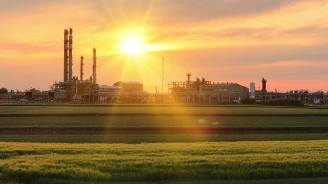 Cinematic aerial view of a petrochemical plant at sunset. Industrial towers, pipelines, and refinery structures stand against a glowing orange sky as warm sunlight reflects across the facility