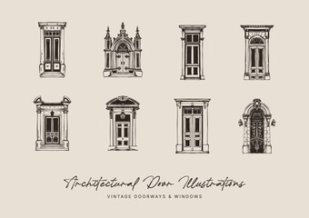Fototapeta premium Vintage Architectural Door Illustrations Set — Hand Drawn Gothic Baroque Neoclassical Doorways