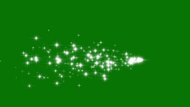 Glitter sparkle stars animation, magic dust particle trail, blast line shining comet trace with glare effect, shimmer effect overlay, Slow Motion, Cinematic, Green Screen Background. 4k video