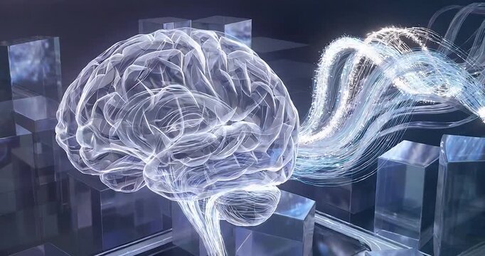 Transparent brain digital wave abstract technology concept with glowing light trails and futuristic cubes in dark background symbolizing advanced intelligence and neural network innovation