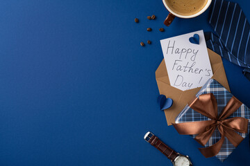 Fototapeta premium Happy Father's Day greeting with gift box, watch, tie and coffee on blue background